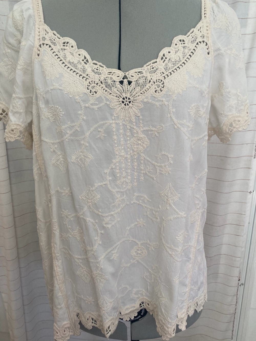 Women's Cream Embroidered Lace-Trim Blouse